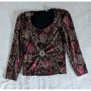 VTG Y2K Long Sleeve Blouse Sz Med Ruched Paisley Witchy Dark Romantic Whimsigoth